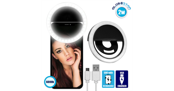 Selfie Ring Light LED SMD 2W 200 lm Μαύρο Σώμα με Ενσωματωμένη Επαναφορτιζόμενη Μπαταρία 500mAh & Καλώδιο Φόρτισης Micro USB Ψυχρό Λευκό 6000 K για Κινητό Τηλέφωνο και Tablet 79043