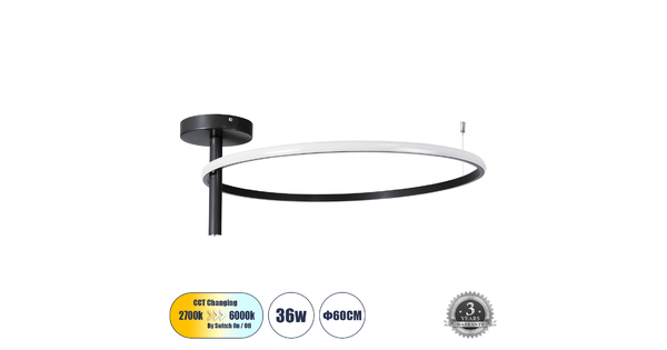 VERONA 61223 Φωτιστικό Οροφής Δαχτυλίδι-Κύκλος LED CCT 36W 4032lm 360° AC 220-240V - Εναλλαγή Φωτισμού μέσω Διακόπτη On/Off All In One Ψυχρό 6000k+Φυσικό 4500k+Θερμό 2700K Φ60 x Υ23cm - Μαύρο