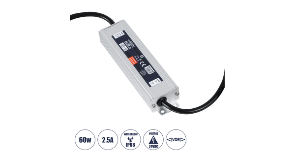 60962 Αδιάβροχο Τροφοδοτικό SELV για Προϊόντα Φωτισμού LED 60W 2.5A - AC 220-240V σε DC 24V με 1.2m VDE Καλώδιο Παροχής & Εξόδου Τροφοδοσίας - Αδιάβροχο IP68 - M15 x W3.5 x H2cm  - 3 Χρόνια Εγγύηση