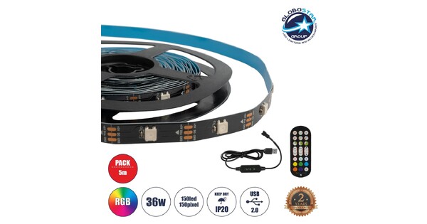 DIGISTRIP 90757 Σετ Ψηφιακής Pixel Addressable Ταινίας με IR Ασύρματο Χειριστήριο LED 36W/5m 2880lm/5m 120° DC 5V με USB 2.0 IP20 150 x SMD5050 Chip/5m 150 x Pixel/5m Πολύχρωμο RGB Dimmable SPI/TTL Protocol - Μ500 x Π1 x Υ0.2cm - Ρολό 5 Μέτρων - 5 Χρόνια Εγγύηση