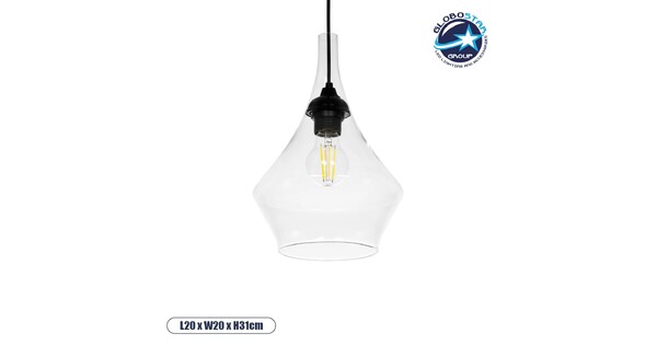 TORU 206-0042 Μοντέρνο Κρεμαστό Φωτιστικό Οροφής με Ντουί 1 x E27 AC 220-240V IP20 - Διάφανο - Μ20 x Π20 x Υ31cm