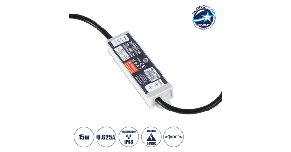 60960 Αδιάβροχο Τροφοδοτικό SELV για Προϊόντα Φωτισμού LED 15W 0.625A - AC 220-240V σε DC 24V με 1.2m VDE Καλώδιο Παροχής & Εξόδου Τροφοδοσίας - Αδιάβροχο IP68 - M12 x W3 x H2cm  - 3 Χρόνια Εγγύηση