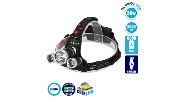 79057 Φακός Κεφαλής Επαναφορτιζόμενος LED CREE XML2-T6 Chip 30 Watt 3000 lm με 2 x 18650 Μπαταρίες 6000Mah Ψυχρό Λευκό 6000 K