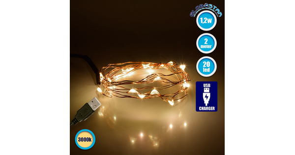79720 Διακοσμητική Γιρλάντα 2 Μέτρων 20 LED USB 5 Volt 1.2 Watt με Χάλκινο Συρμάτινο Καλώδιο Θερμό Λευκό 3000k