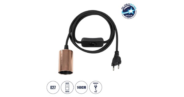 WHIP 77665 Μοντέρνο DIY Φωτιστικό με Υφασμάτινο Καλώδιο, Ντουί 1 x E27, Διακόπτη On/Off & Πρίζα AC 220-240V IP20 - Μαύρο & Ροζ Χρυσό - Μ140 x Π4 x Υ4cm