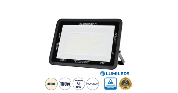 ATLAS 61429 Επαγγελματικός Προβολέας LED 150W 18000lm 120° AC 220-240V - Αδιάβροχος IP67 - Μ32 x Π4 x Υ23cm - Μαύρο - Φυσικό Λευκό 4500K - LUMILEDS Chips - TÜV Rheinland Certified - 5 Years Warranty
