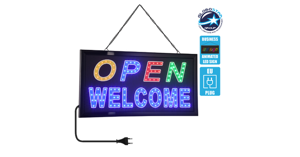 75680 Φωτιστικό Ταμπέλα LED Σήμανσης OPEN WELCOME με Πρίζα AC 230V Μ48xΠ25xΥ2cm