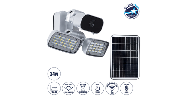 86045 Αυτόνομος Ηλιακός Προβολέας LED SMD 24W 1200lm με IP Camera 1080P 2MP 4G SIM CARD WiFi 150° Ενσωματωμένη Μπαταρία 3200mAh Φωτοβολταϊκό Πάνελ Αισθητήρα Ημέρας-Νύχτας & Ρύθμιση Χρόνου Ανάμματος Αδιάβροχος IP66 Ψυχρό Λευκό 6000K - Ασημί