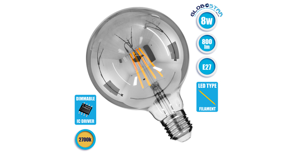 Λάμπα E27 G125 Γλόμπος LED LONG FILAMENT 8W 800 lm 320° AC 85-265V Edison Retro με Φιμέ Γυαλί Θερμό Λευκό 2700 K  99073
