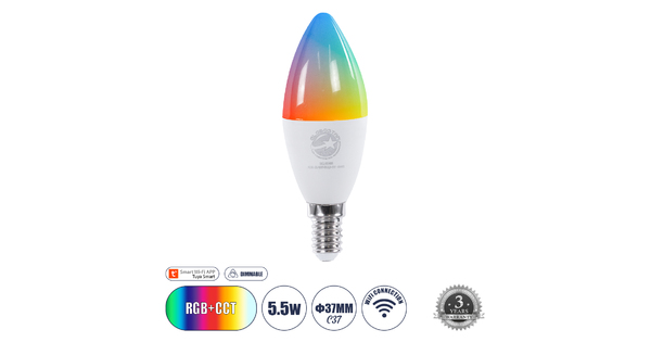 60488 Έξυπνη Λάμπα LED E14 C37 Κεράκι Smart Home Wifi 5.5W 550lm 260° AC 220-240V IP20 Φ3.7 x Υ11cm RGB+CCT - Εναλλαγή Φωτισμού & Dimming μέσω Εφαρμογής Tuya - Bridgelux Chip - 3 Χρόνια Εγγύηση