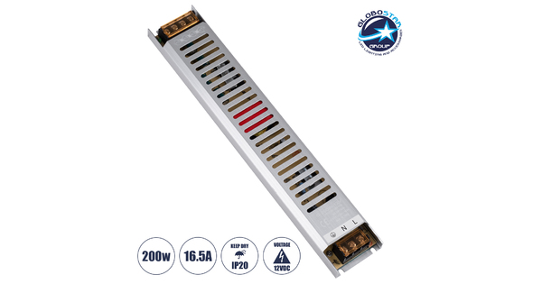 73028 Μεταλλικό Τροφοδοτικό PELV Ultra Slim για Προϊόντα LED 200W 16.5A - AC 220-240V σε DC 12V - IP20 L31 x W5.4 x H2.3cm - 3 Years Warranty