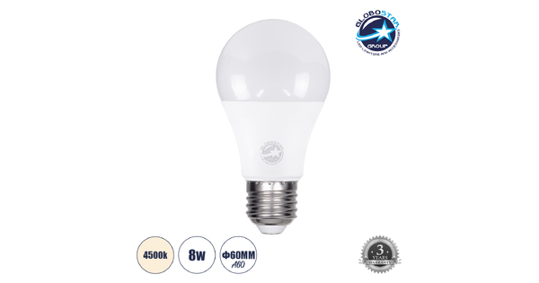 GLOBE 60025 Λάμπα E27 A60 LED 8W 776lm 260° AC 220-240V IP20 Φυσικό Λευκό 4500K - Lumileds SMD Chip - Λευκό Γαλακτερό - Μ6 x Π6 x Υ11cm - 3 Χρόνια Εγγύηση