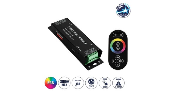 RGBCONTROLLER 73412 DMX Dimmer / Controller με RF Ασύρματο Χειριστήριο με 3 x 15A 75W Κανάλια DC 5-24V 15A 360W Max IP20 - DMX512 & RF2.4Ghz - Μ26.9 x Π9.6 x Υ4cm - 1 Χρόνος Εγγύηση
