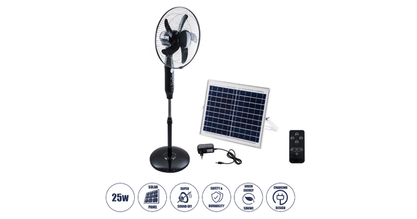 SOLARE-FAN 85358 Solar Fan Αυτόνομος Ηλιακός Επιδαπέδιος Ανεμιστήρας 25W 2 Λειτουργιών Ρεύματος με AC 220-240V ή με Φωτοβολταϊκό Panel 9V 15W & Επαναφορτιζόμενη Μπαταρία Li-ion 7.4V 6000mAh - 12 Ταχύτητες - Ασύρματο Χειριστήριο - Ενσωματωμένο USB 2.0 Charger Συσκευών - IP20 - Μ44 x Π37.5 
