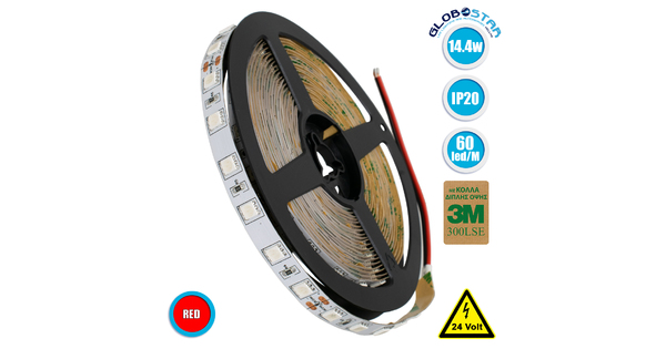 70224 Ταινία LED SMD 5050 5m 14.4W/m 60LED/m 800 lm/m 120° DC 24V IP20 Κόκκινο