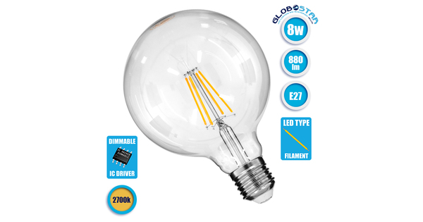 Λάμπα E27 G125 Γλόμπος LED LONG FILAMENT 8W 880 lm 320° AC 85-265V Edison Retro με Διάφανο Γυαλί Θερμό Λευκό 2700 K  99013
