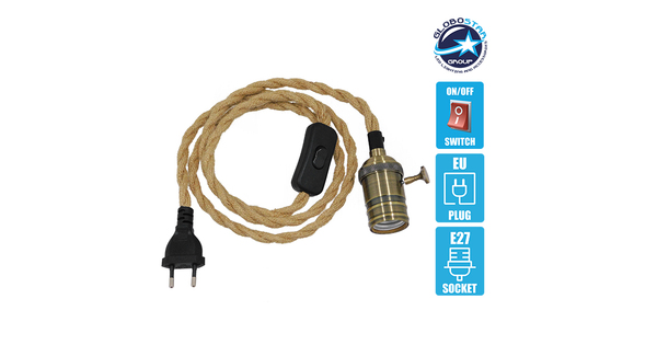 Κρεμαστό Φωτιστικό Whip με Μπρούτζινο Ντουί E27 - Μαύρο Διακόπτη - Μαύρη Πρίζα και Μπέζ Πλεκτό Καλώδιο 1.4m  91041