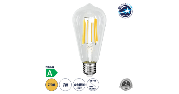 99090 Λάμπα LED Long Filament E27 ST64 Αχλάδι 7W 1470lm 360° AC 220-240V IP20 Φ6.4 x Υ14.5cm Θερμό Λευκό 2700K με Διάφανο Γυαλί - Pro Series 210lm/W - A Ενεργειακή Κλάση - 3 Χρόνια Εγγύηση