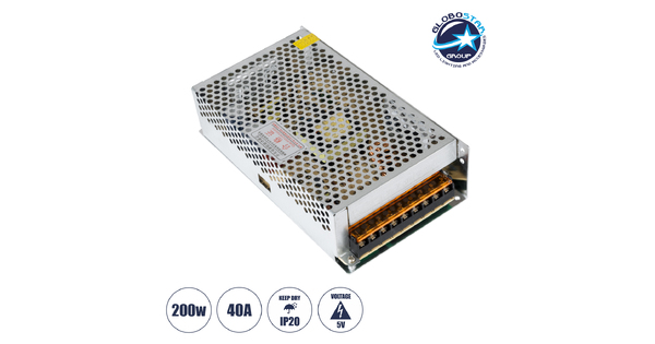 73021 Μεταλλικό Τροφοδοτικό PELV για Προϊόντα LED 200W 40A - AC 220-240V σε DC 5V - IP20 - Μ20 x Π11 x Υ5cm - 3 Χρόνια Εγγύηση