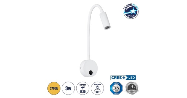 GOOSE 61688 Μοντέρνο Φωτιστικό Τοίχου - Απλίκα Ξενοδοχείου Reading Light LED 3W 300lm 36° AC 220-240V IP20 Θερμό Λευκό 2700K - CREE XPE Chip & TÜV SÜD Driver - Λευκό Ματ - Μ6.5 x Π15 x Υ24.5cm - 3 Χρόνια Εγγύηση