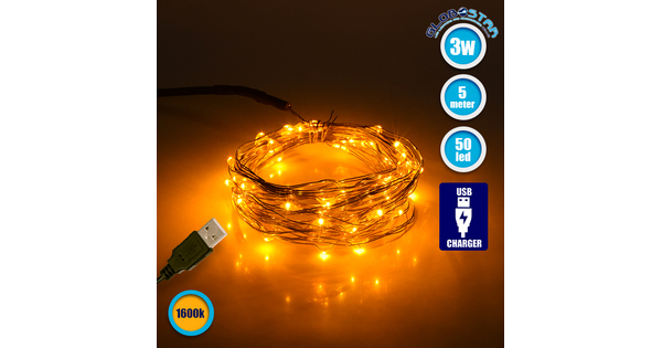 79711 Διακοσμητική Γιρλάντα 5 Μέτρων 50 LED USB 5 Volt 3 Watt με Χάλκινο Συρμάτινο Καλώδιο Θερμό Λευκό 1600k