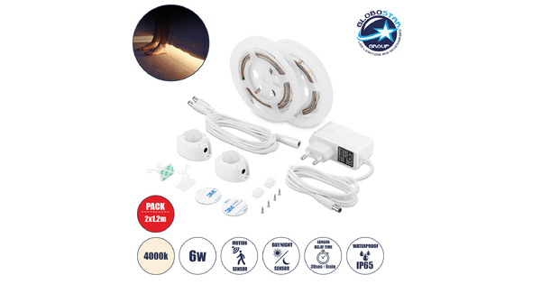 70401 ΣΕΤ Ταινία LED Κρυφού Φωτισμού Κρεβατιού 2 x 1.2m 6W 600lm 2835 SMD 120° Αδιάβροχη IP65 με Τροφοδοτικό & 2 x Ανιχνευτή Κίνησης 360° Φυσικό Λευκό 4000k