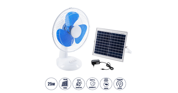 SOLARI-FAN 85353 Solar Fan Αυτόνομος Ηλιακός Επιτραπέζιος Ανεμιστήρας 25W 2 Λειτουργιών Ρεύματος με AC 220-240V ή με Φωτοβολταϊκό Panel 9V 12W & Επαναφορτιζόμενη Μπαταρία Li-ion 7.4V 4400mAh - 3 Ταχύτητες - IP20 - Μ24 x Π36 x Υ49cm - Λευκό & Μπλε - 2 Years Warranty