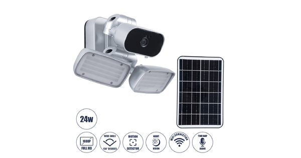 86044 Αυτόνομος Ηλιακός Προβολέας LED SMD 24W 1200lm με IP Camera 1080P 2MP WiFi 150° Μοιρών - Ενσωματωμένη Μπαταρία 3200mAh - Φωτοβολταϊκό Πάνελ - Αισθητήρα Ημέρας-Νύχτας & Ρύθμιση Χρόνου Ανάμματος - Αδιάβροχος IP66 Ψυχρό Λευκό 6000K - Ασημί