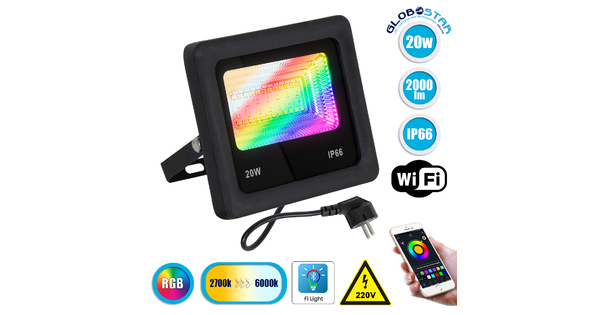 85815 Προβολέας Εξωτερικός LED SMD 5050 & 2835 20W 2000lm 180° AC 230V WiFi με Ασύρματο Wireless Bluetooth Αδιάβροχος IP66 Πολύχρωμος RGB+CCT Θερμό Λευκό 3000K - Λευκό Ημέρας 4500K - Ψυχρό Λευκό 6000K