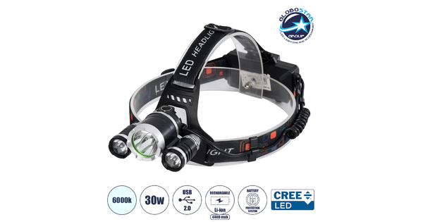 69926 Φορητός Φακός Κεφαλής Επαναφορτιζόμενος LED Luminus 1 x CREE XM-L2 T6 & 2 XPE LED CHIP x 30W 3000lm 60° Μοιρών με 2 x 18650 Μπαταρία 4400mAh USB 2.0 - 4 Modes - Αδιάβροχο IP54 Ψυχρό Λευκό 6000K Μ7.5 x Π7 x Υ6cm