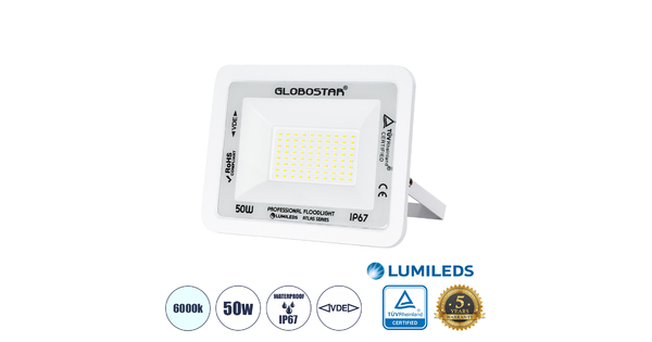 ATLAS 61419 Επαγγελματικός Προβολέας LED 50W 6250lm 120° AC 220-240V - Αδιάβροχος IP67 - Μ21 x Π3.5 x Υ16cm - Λευκό - Ψυχρό Λευκό 6000K - LUMILEDS Chips - TÜV Rheinland Certified - 5 Years Warranty