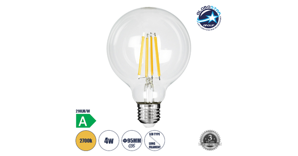 99084 Λάμπα LED Long Filament E27 G95 Γλόμπος 4W 840lm 360° AC 220-240V IP20 Φ9.5 x Υ13.8cm Θερμό Λευκό 2700K με Διάφανο Γυαλί - Pro Series 210lm/W - A Ενεργειακή Κλάση - 3 Χρόνια Εγγύηση