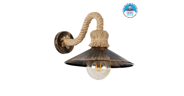 Vintage Φωτιστικό Τοίχου Απλίκα Μονόφωτο Καφέ Σκουριά Μεταλλικό Καμπάνα με Μπεζ Σχοινί Φ27  BRASSO 01132