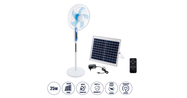 SOLARE-FAN 85357 Solar Fan Αυτόνομος Ηλιακός Επιδαπέδιος Ανεμιστήρας 25W 2 Λειτουργιών Ρεύματος με AC 220-240V ή με Φωτοβολταϊκό Panel 9V 15W & Επαναφορτιζόμενη Μπαταρία Li-ion 7.4V 6000mAh - 12 Ταχύτητες - Ασύρματο Χειριστήριο - Ενσωματωμένο USB 2.0 Charger Συσκευών - IP20 - Μ44 x Π37.5 