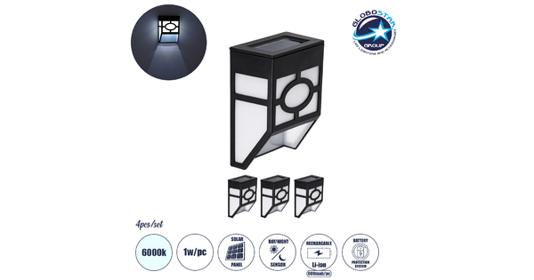 85708 ΣΕΤ 4 Τεμαχίων Αυτόνομα Ηλιακά Φωτιστικά Τοίχου Μαύρα-Λευκά LED SMD 1W 100lm με Ενσωματωμένη Μπαταρία 600mAh - Φωτοβολταϊκό Πάνελ με Αισθητήρα Ημέρας-Νύχτας Αδιάβροχα IP65 Ψυχρό Λευκό 6000K