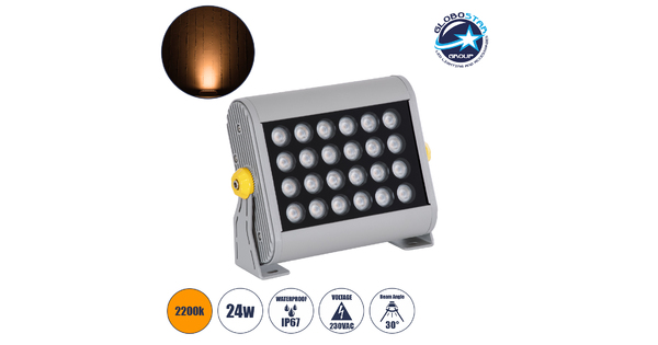 FLOOD-HENA 90444 Προβολέας Wall Washer για Φωτισμό Κτιρίων LED 24W 2040lm 30° AC 220-240V Αδιάβροχο IP67 Μ22.5 x Π6 x Υ16.5cm Αρχιτεκτονικό Πορτοκαλί 2200K - Ασημί - 3 Years Warranty