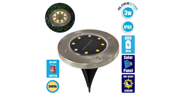 71503 Αυτόνομο Ηλιακό Φωτιστικό Κήπου LED SMD 3W 170 lm με Ενσωματωμένη Μπαταρία 600mAh - Φωτοβολταϊκό Πάνελ με Αισθητήρα Ημέρας-Νύχτας IP65 Θερμό Λευκό 3000k