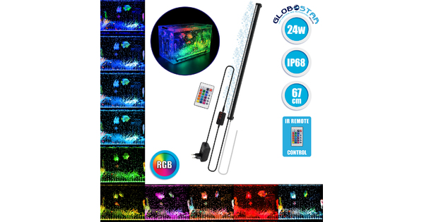 79677 Φωτιστικό Ενυδρείου & Οξυγονωτής / Μηχανισμός Φυσαλίδων 67cm LED 24W 180° AC 230V Αδιάβροχο IP68 με Ασύρματο Χειριστήριο IR Πολύχρωμο RGB
