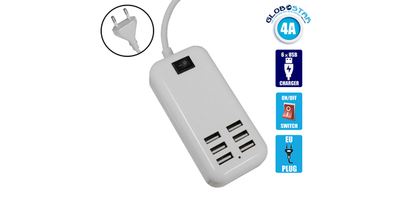 Φορτιστής USB 6 Θέσεων με ON / OFF Διακόπτη 6A 30 Watt 5V DC Λευκός  69998