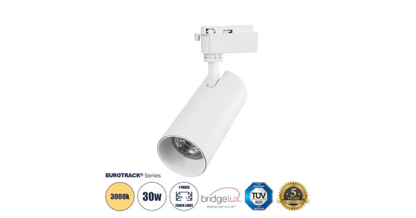Globostar BEAMTRACK 60814 Μονοφασικό Φωτιστικό Σποτ Ράγας LED 30W 230V 3600lm 30° Acrylic HQ LENS AC 220-240V IP20 Φ7.4 x Υ17.9cm Θερμό Λευκό 3000k - EUROTRACKSystem 1L+1N - Λευκό - Bridgelux Chip - TUV Certified Driver - 5 Χρόνια Εγγύηση