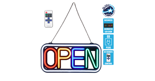 85857 Φωτιστικό Ταμπέλα Φωτεινή Επιγραφή NEON LED Σήμανσης Animated Square OPEN 30W AC 230V με Διακόπτη On/Off και Ασύρματο Χειριστήριο IR Λευκό - Κόκκινο - Πράσινο - Κίτρινο - Γαλάζιο