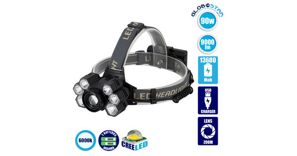 79061 Φακός Κεφαλής Επαναφορτιζόμενος Zoom LED CREE XML2-T6 Chip 90 Watt 9000lm με 2 x 18650 Μπαταρίες 13600mAh Ψυχρό Λευκό 6000K