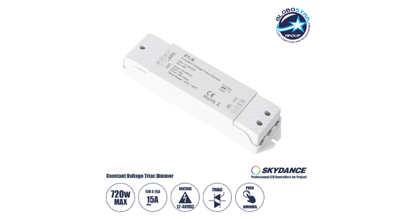 73127 V1-S SKYDANCE AC Triac Dimmer Push Dimming 1 Κανάλι DC 12-48V 1 x 15A 720W - Max 15A 720W - IP20  Μ17.5 x Π4.5 x Υ2.5cm - 5 Χρόνια Εγγύηση