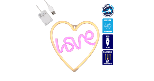 78591 Φωτιστικό Ταμπέλα Φωτεινή Επιγραφή NEON LED Σήμανσης LOVE & HEART 5W με Καλώδιο Τροφοδοσίας USB - Μπαταρίας 3xAAA (Δεν Περιλαμβάνονται) - Ροζ & Θερμό Λευκό 2700K