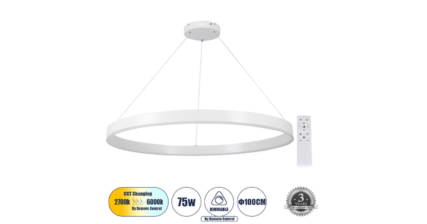 VENOM 61183 Κρεμαστό Φωτιστικό Δαχτυλίδι-Κύκλος LED CCT 75W 8818lm 120° AC 220-240V - Εναλλαγή Φωτισμού μέσω Τηλεχειριστηρίου All In One Ψυχρό 6000K+Φυσικό 4500K+Θερμό 2700K Dimmable Φ100cm - Λευκό