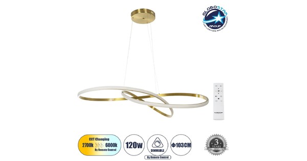 DEXTER 60920 Μοντέρνο Κρεμαστό Φωτιστικό Οροφής LED 120W 13440lm 300° AC 220-240V IP20 Ρυθμιζόμενο Λευκό CCT με Χειριστήριο από 2700K έως 6000K Dimmable - Lumileds SMD Chip - Χρυσό Βούρτσας - Μ103 x Π103 x Υ30cm - 3 Χρόνια Εγγύηση