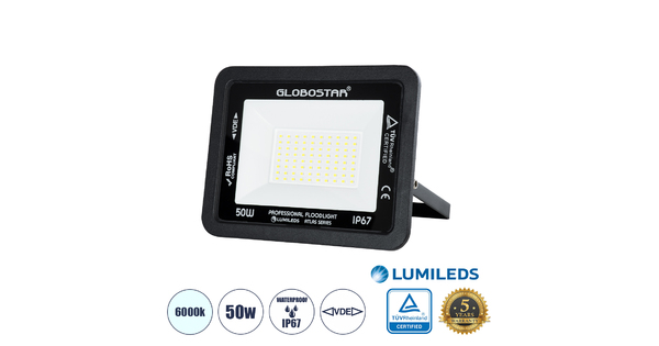 ATLAS 61422 Επαγγελματικός Προβολέας LED 50W 6250lm 120° AC 220-240V - Αδιάβροχος IP67 - Μ21 x Π3.5 x Υ16cm - Μαύρο - Ψυχρό Λευκό 6000K - LUMILEDS Chips - TÜV Rheinland Certified - 5 Years Warranty