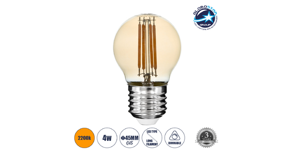 SPHERE 99034 Λάμπα E27 G45 LED 4W 350lm 360° AC 220-240V IP20 Ultra Θερμό Λευκό 2200K Dimmable - Long Filament Chip - Μελί - Μ4.5 x Π4.5 x Υ7.5cm - 3 Χρόνια Εγγύηση