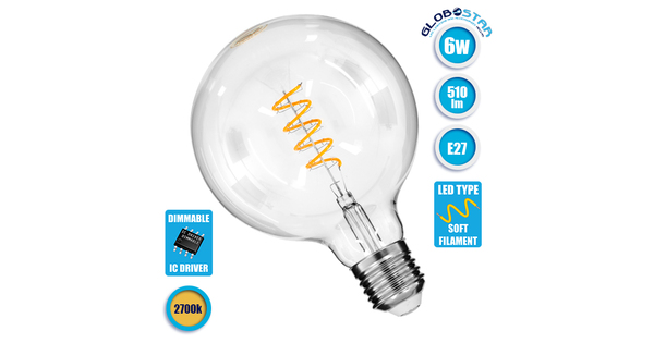 Λάμπα E27 G125 Γλόμπος LED SOFT SPIRAL FILAMENT 6W 510 lm 320° AC 85-265V Edison Retro με Διάφανο Γυαλί Θερμό Λευκό 2700 K  99137