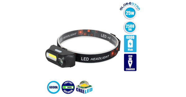 79066 Φακός Κεφαλής Επαναφορτιζόμενος LED CREE COB XML2-T6 Chip 25 Watt 2500lm με 1 x 18650 Μπαταρία 4800mAh και με Καλώδιο Φόρτισης USB Ψυχρό Λευκό 6000K